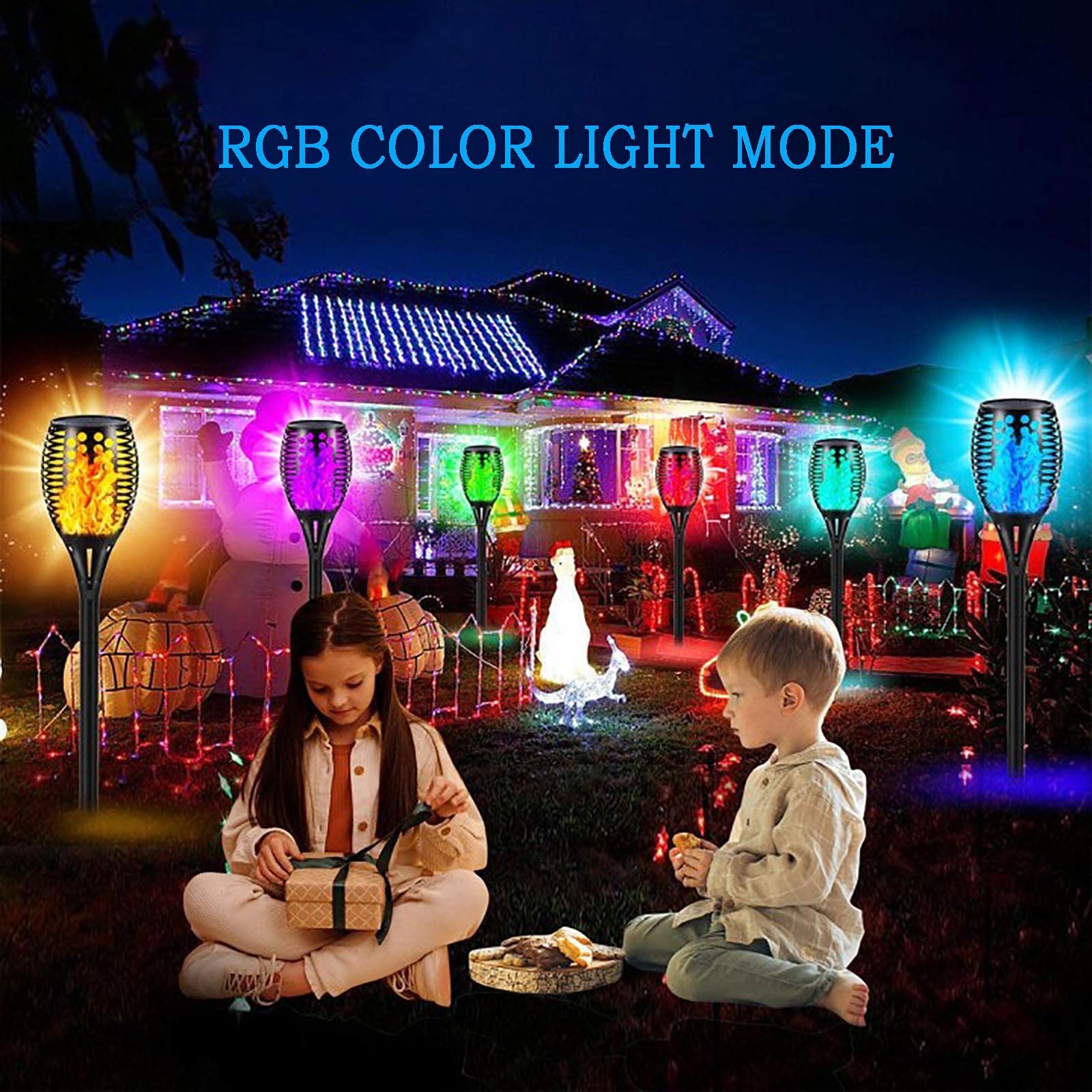 RGB Multicolor Solar Torch Lights Outdoor Waterproof Flickering Dancing Flames Landscape Decoration Path Lighting Dusk to Dawn Auto On/Off for Yard Garden Pathway Driveway-4 pieces