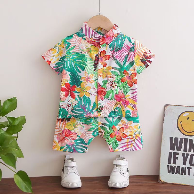 Baby Boys Floral Printed Clothes Set Summer Short Sleeve Shirt Top+Pants 2Pcs Gentelman 1 2 3 4 5 Year Kids Clothing Outfit