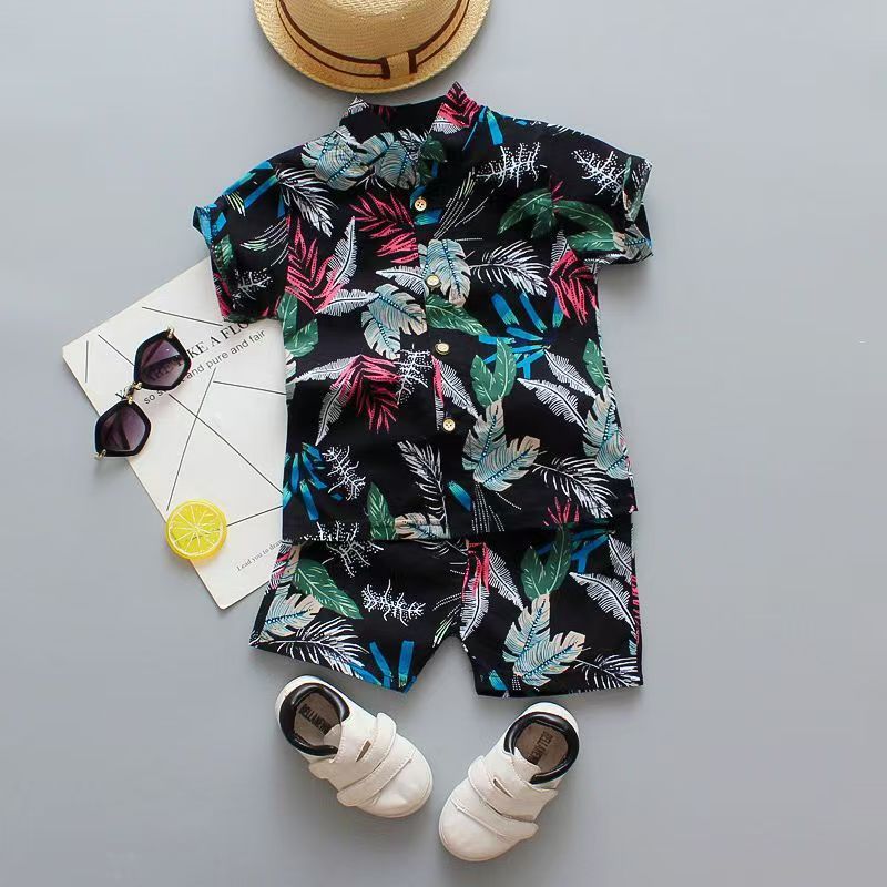 Baby Boys Floral Printed Clothes Set Summer Short Sleeve Shirt Top+Pants 2Pcs Gentelman 1 2 3 4 5 Year Kids Clothing Outfit