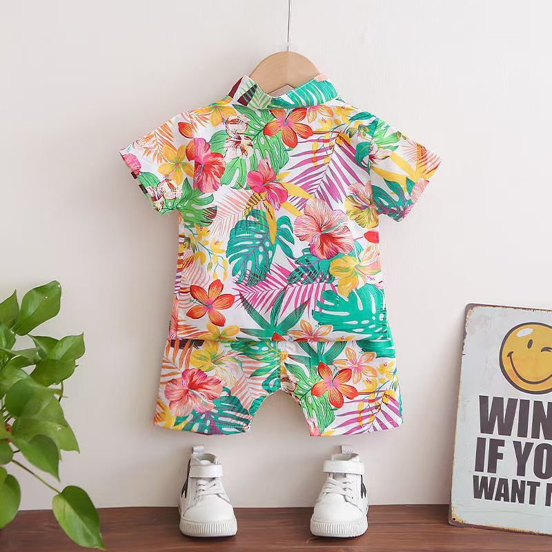 Baby Boys Floral Printed Clothes Set Summer Short Sleeve Shirt Top+Pants 2Pcs Gentelman 1 2 3 4 5 Year Kids Clothing Outfit