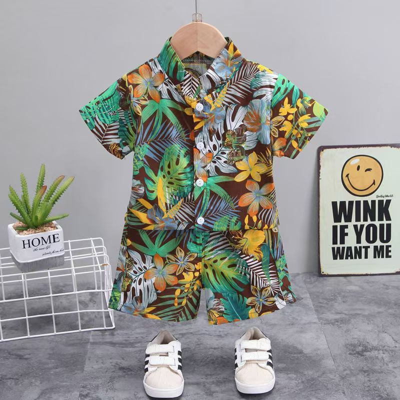 Baby Boys Floral Printed Clothes Set Summer Short Sleeve Shirt Top+Pants 2Pcs Gentelman 1 2 3 4 5 Year Kids Clothing Outfit