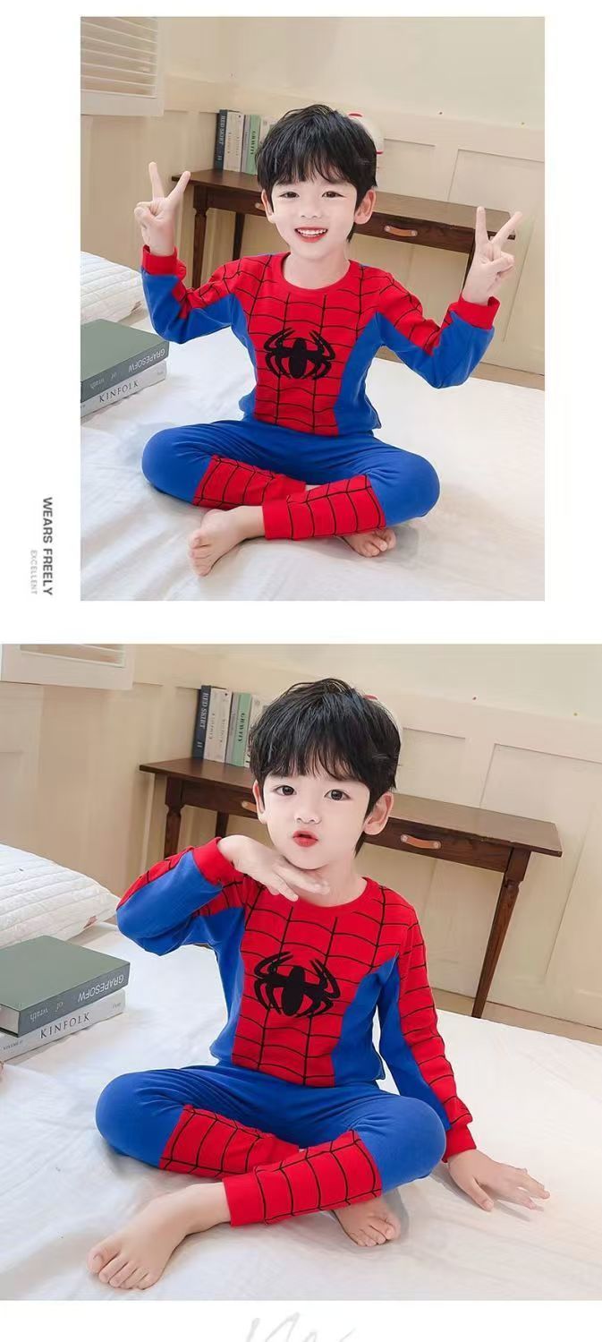 New Cotton Cartoon Boy Spider Man Underwear Children's Pajamas Home Clothes, Long Sleeve Set Air Conditioning Clothes