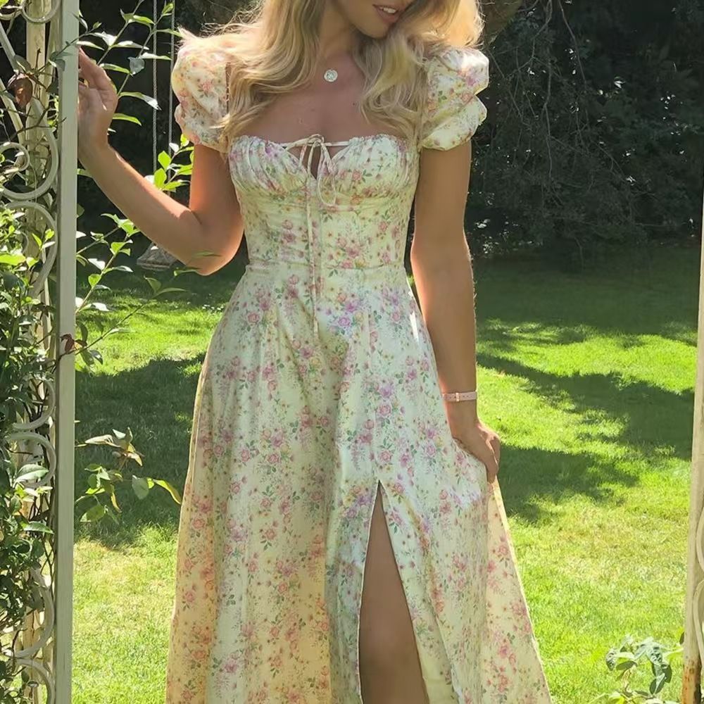 Summer Dress Women Short Puff Sleeve Flroal Printed Ruched Party High Split Long Maxi Dresses Drawstring Sexy Sundress