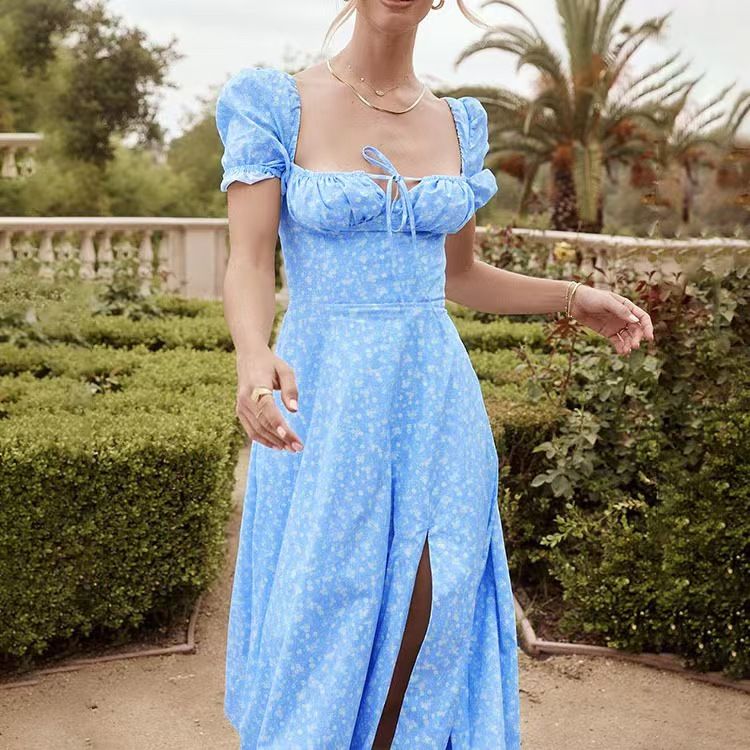 Summer Dress Women Short Puff Sleeve Flroal Printed Ruched Party High Split Long Maxi Dresses Drawstring Sexy Sundress