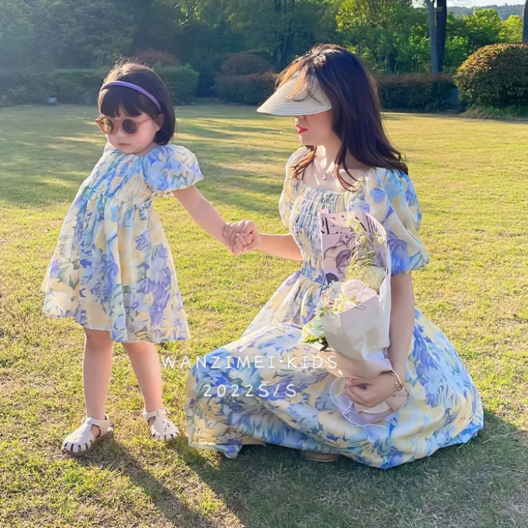 Mother daughter dresses Family matching Clothes Women Kids Girl  floral dress  fashion hot Sale