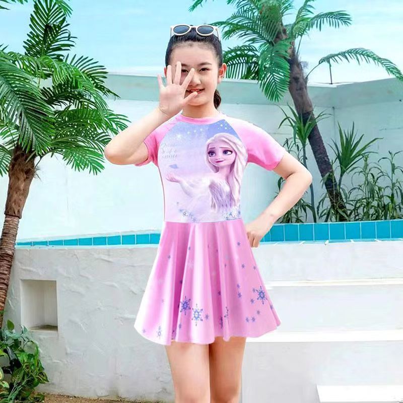 Children's Elsa swimsuit, girls' one-piece cute medium sized children's Elsa princess, girls' swimming outfit