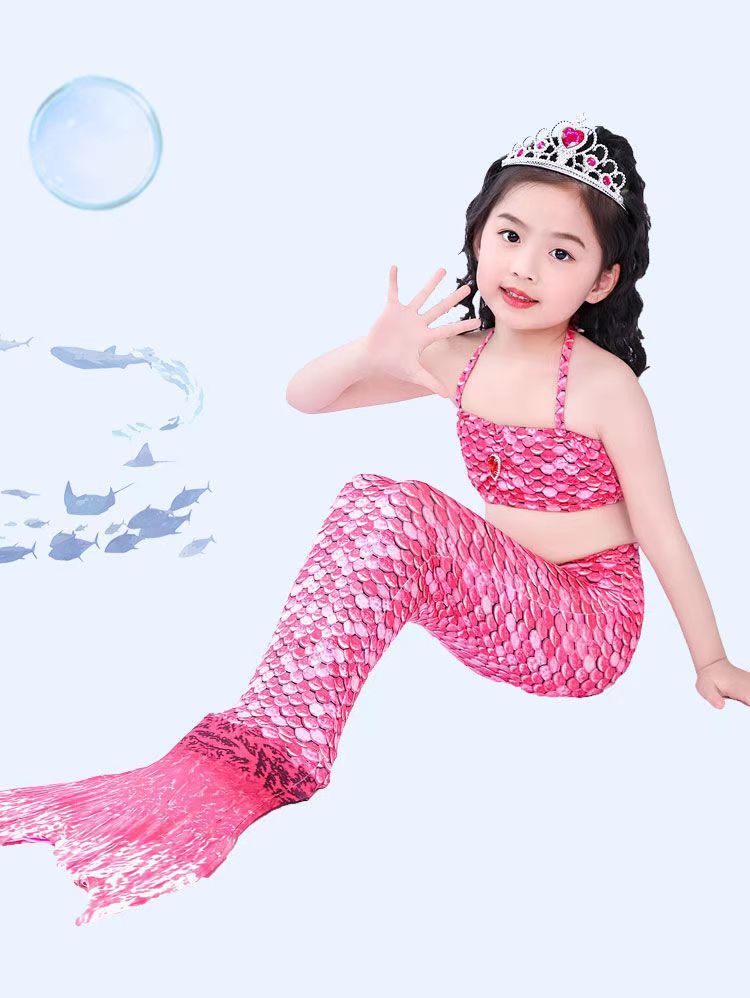 Girls Swimming Mermaid tail Mermaid Costume Cosplay Children Swimsuit Fantasy Beach Bikini (Swimming cap+top+underwear+fish tail）