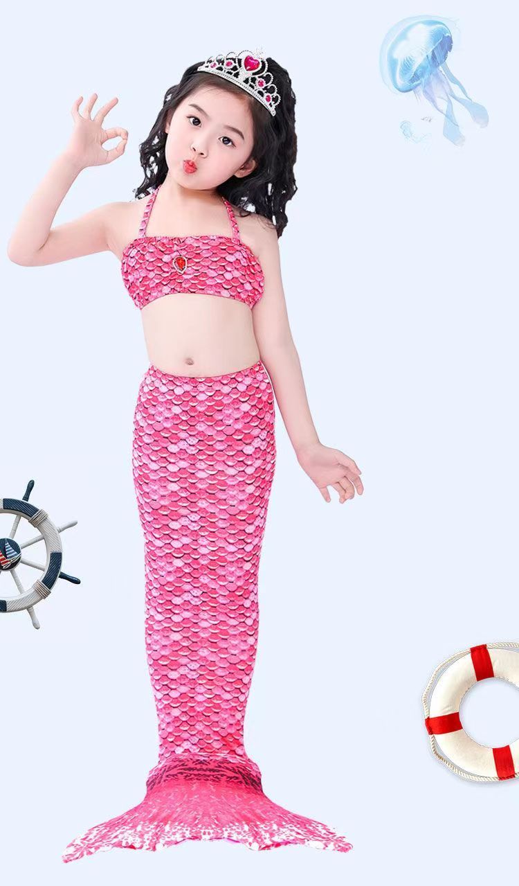 Girls Swimming Mermaid tail Mermaid Costume Cosplay Children Swimsuit Fantasy Beach Bikini (Swimming cap+top+underwear+fish tail）