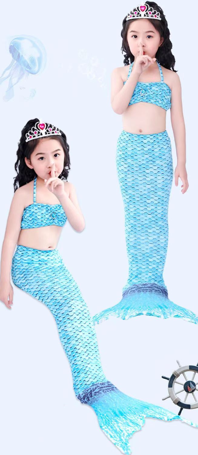 Girls Swimming Mermaid tail Mermaid Costume Cosplay Children Swimsuit Fantasy Beach Bikini (Swimming cap+top+underwear+fish tail）