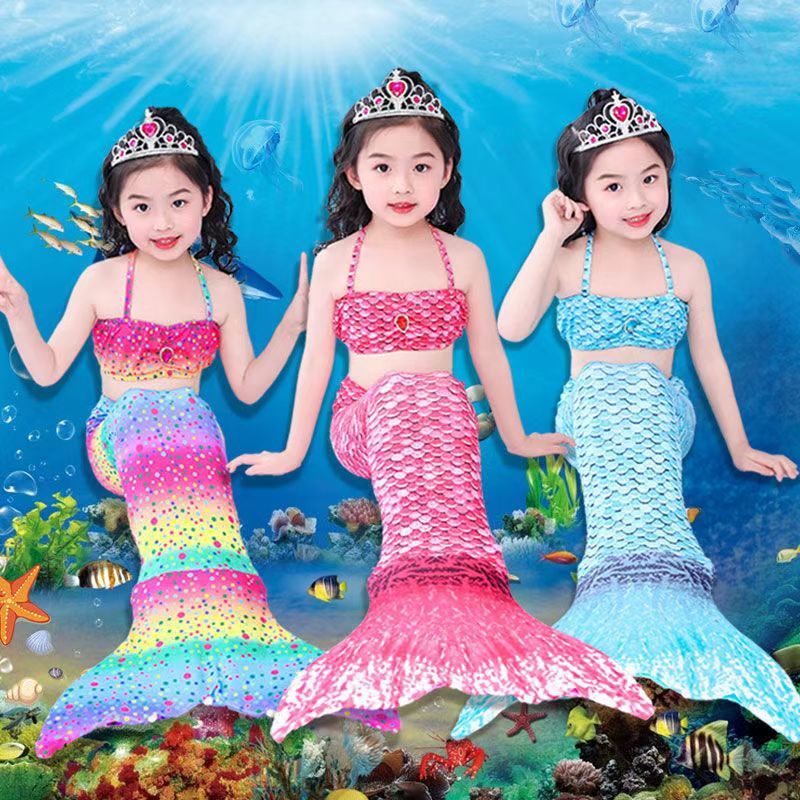 Girls Swimming Mermaid tail Mermaid Costume Cosplay Children Swimsuit Fantasy Beach Bikini (Swimming cap+top+underwear+fish tail）