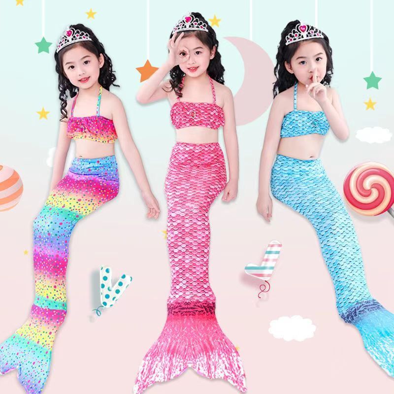 Girls Swimming Mermaid tail Mermaid Costume Cosplay Children Swimsuit Fantasy Beach Bikini (Swimming cap+top+underwear+fish tail）
