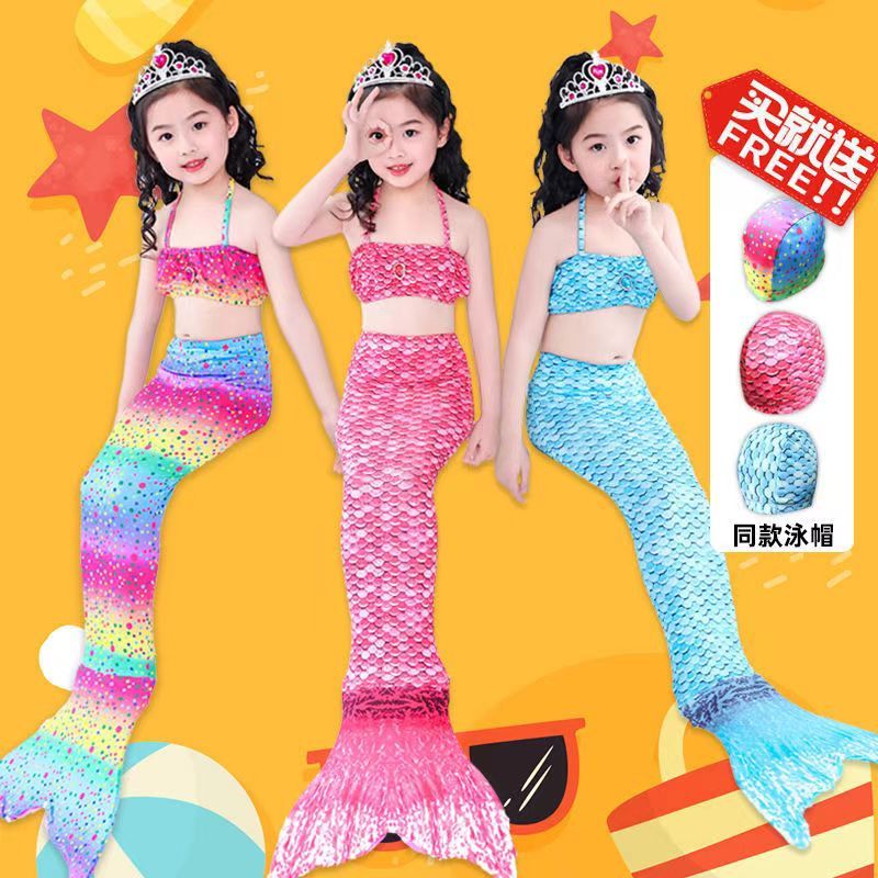 Girls Swimming Mermaid tail Mermaid Costume Cosplay Children Swimsuit Fantasy Beach Bikini (Swimming cap+top+underwear+fish tail）