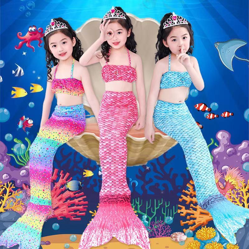 Girls Swimming Mermaid tail Mermaid Costume Cosplay Children Swimsuit Fantasy Beach Bikini (Swimming cap+top+underwear+fish tail）