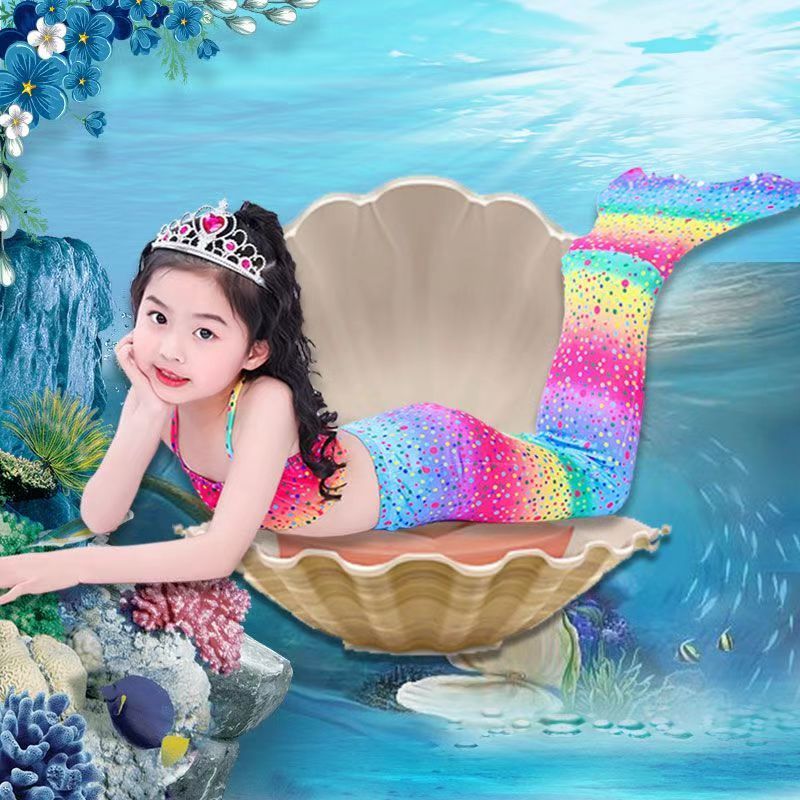Girls Swimming Mermaid tail Mermaid Costume Cosplay Children Swimsuit Fantasy Beach Bikini (Swimming cap+top+underwear+fish tail）