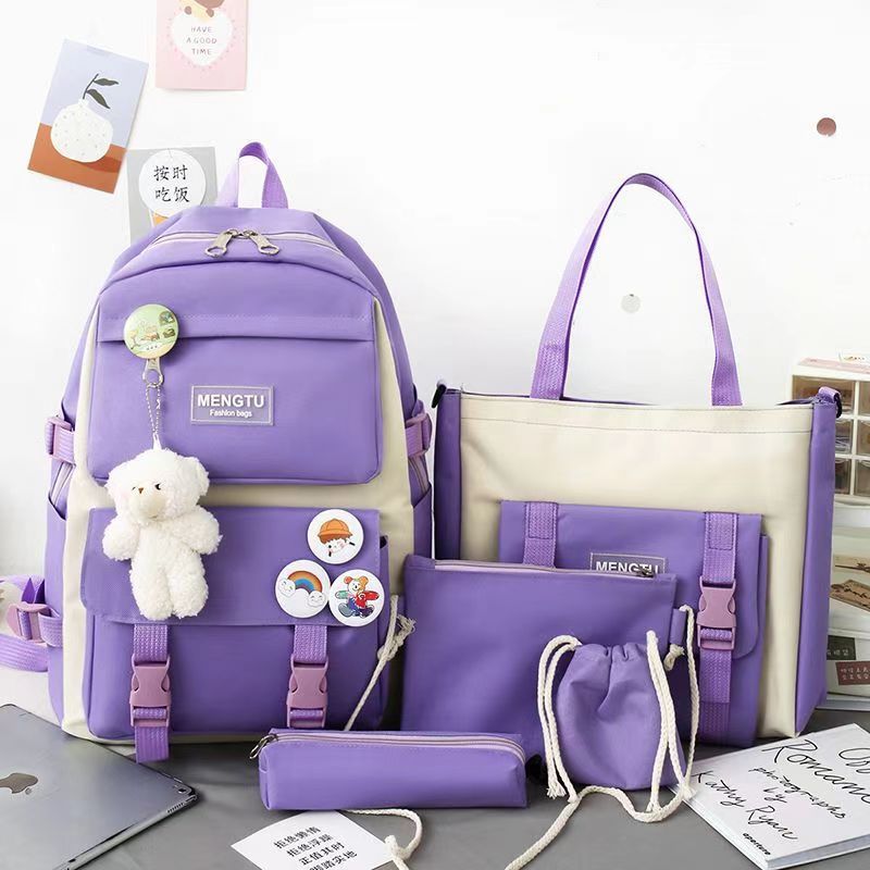 5Pcs/Sets  Cartoon Rabbit Printing School bag Canvas Schoolbags for Teenage Cute Girls Bookbag Children