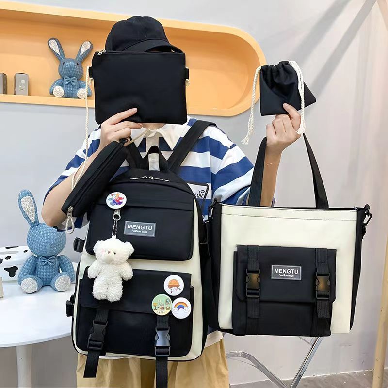 5Pcs/Sets  Cartoon Rabbit Printing School bag Canvas Schoolbags for Teenage Cute Girls Bookbag Children