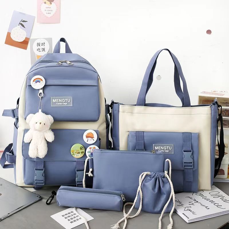 5Pcs/Sets  Cartoon Rabbit Printing School bag Canvas Schoolbags for Teenage Cute Girls Bookbag Children