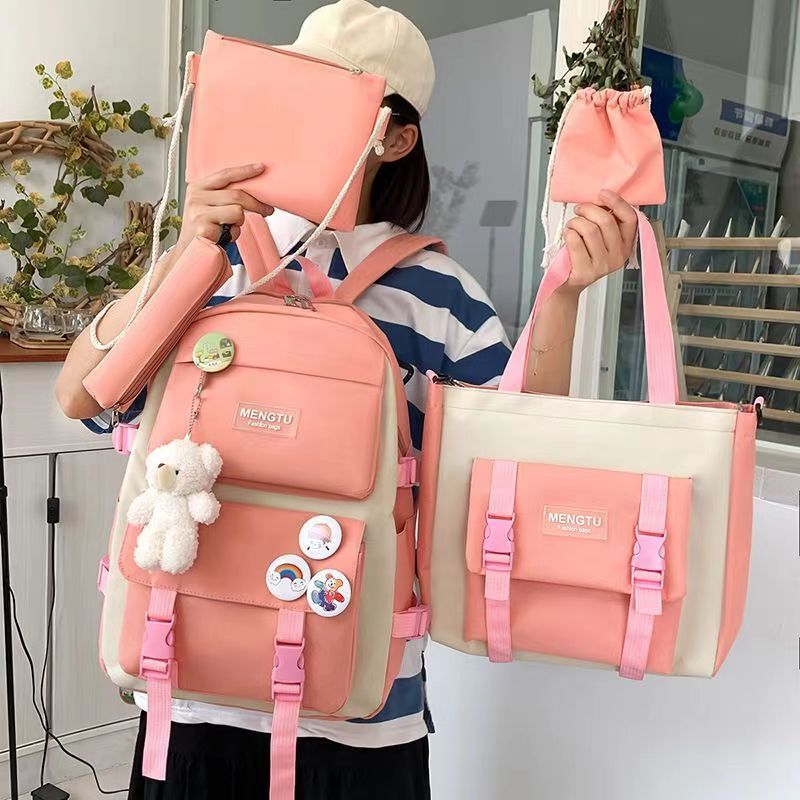 5Pcs/Sets  Cartoon Rabbit Printing School bag Canvas Schoolbags for Teenage Cute Girls Bookbag Children