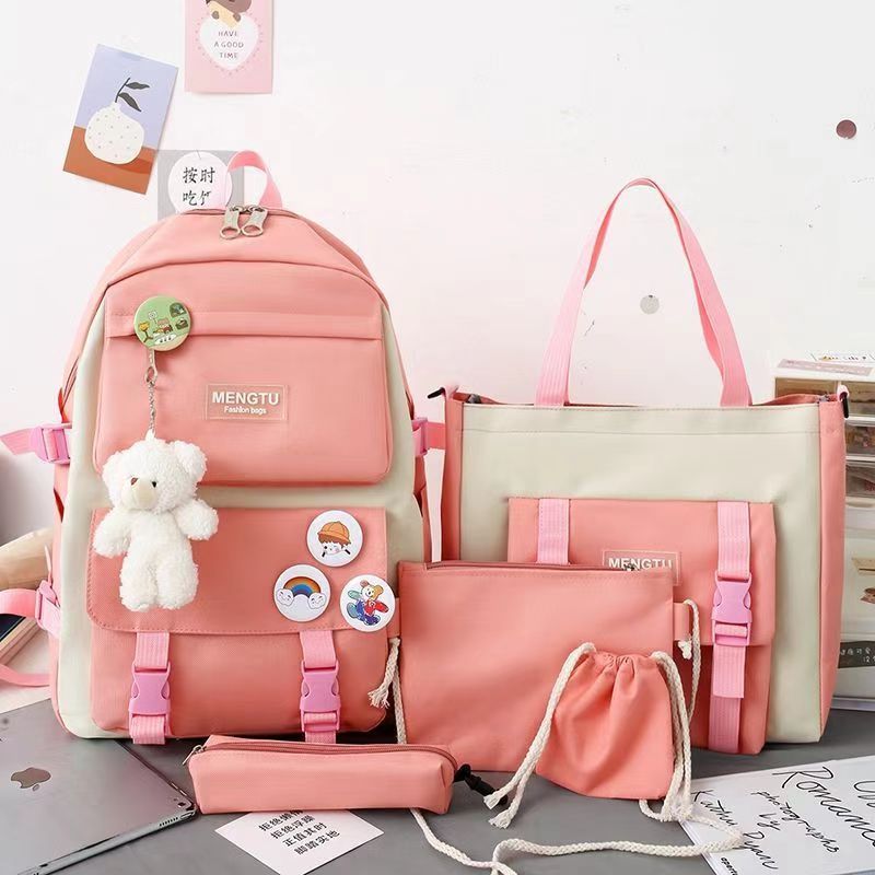 5Pcs/Sets  Cartoon Rabbit Printing School bag Canvas Schoolbags for Teenage Cute Girls Bookbag Children