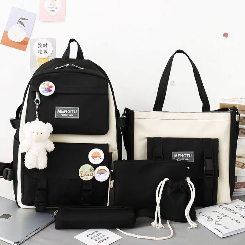 5Pcs/Sets  Cartoon Rabbit Printing School bag Canvas Schoolbags for Teenage Cute Girls Bookbag Children