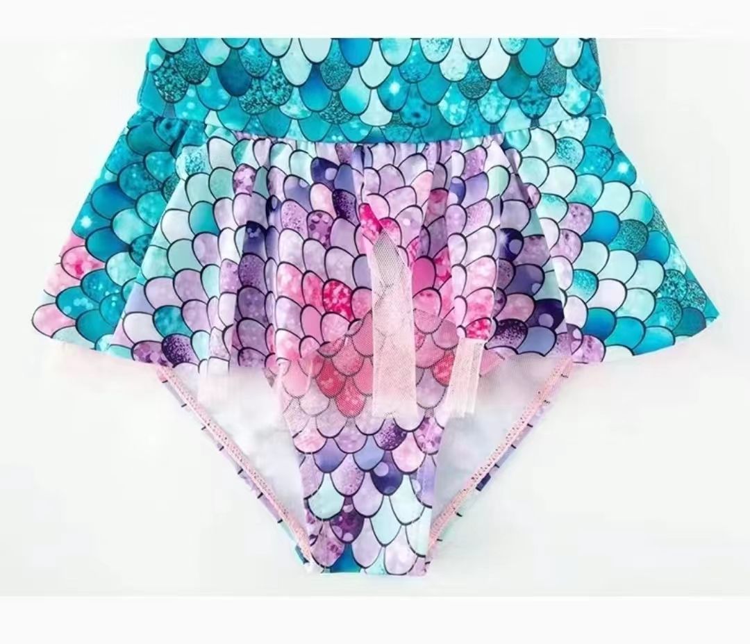 Mermaid swimsuit  Girls' one piece fish scale swimsuit Girls' skirt style hot spring children's swimsuit（Girls' swimsuit+hat）