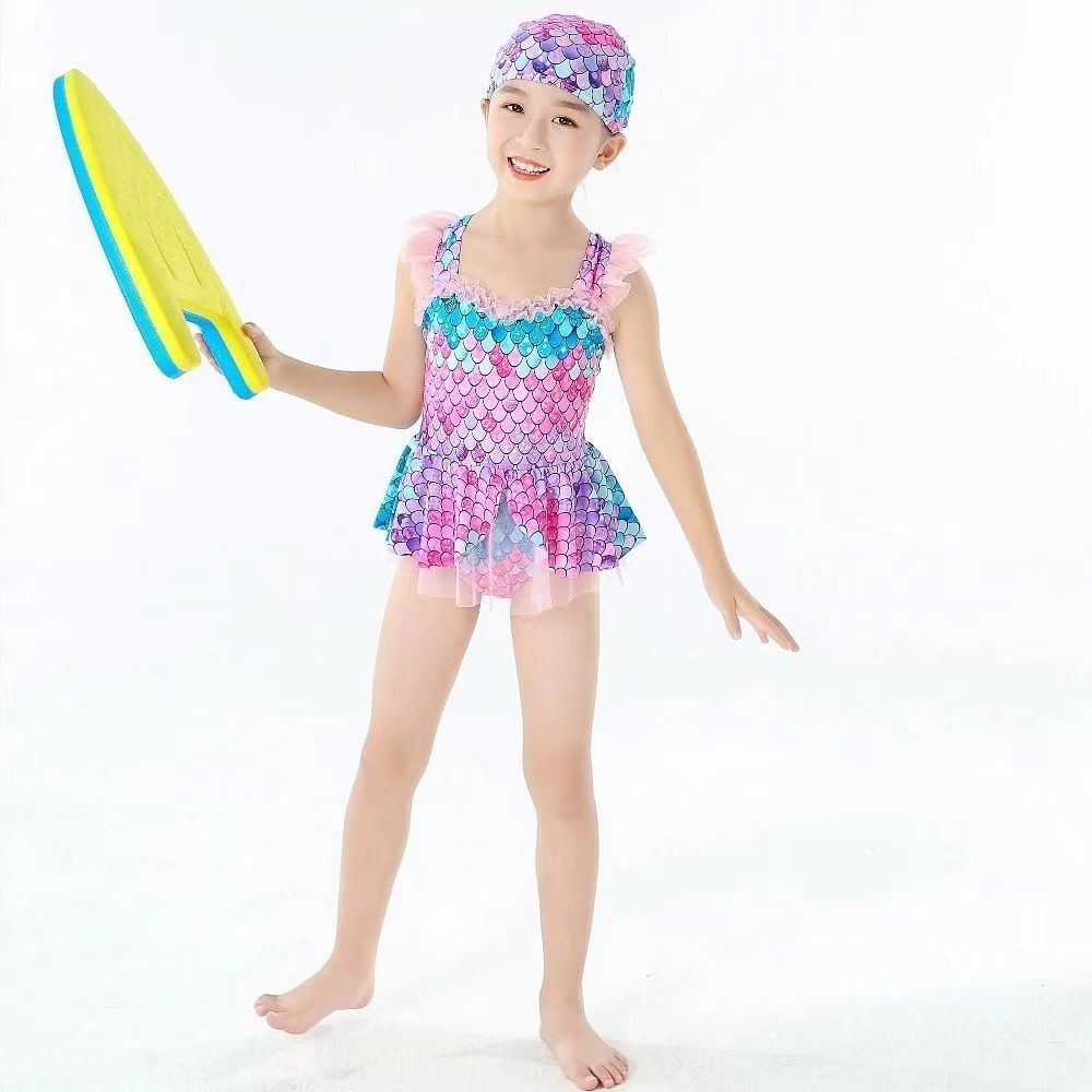 Mermaid swimsuit  Girls' one piece fish scale swimsuit Girls' skirt style hot spring children's swimsuit（Girls' swimsuit+hat）