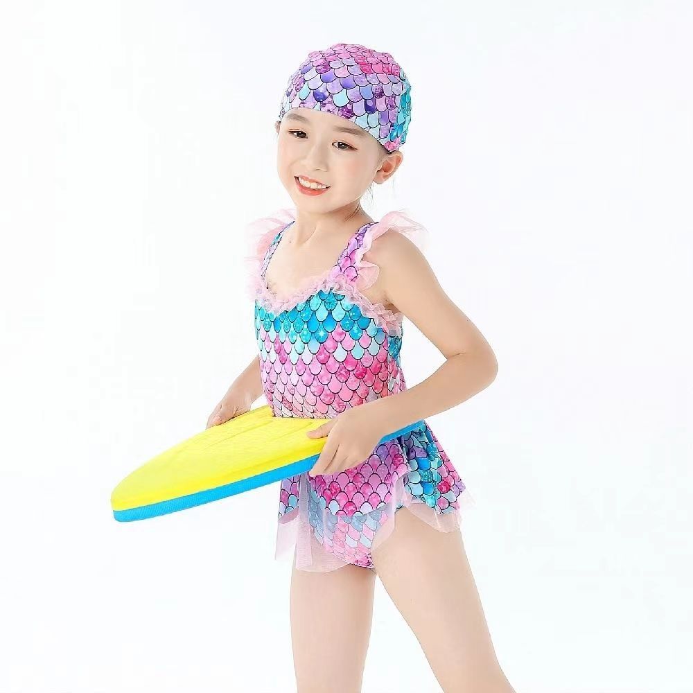 Mermaid swimsuit  Girls' one piece fish scale swimsuit Girls' skirt style hot spring children's swimsuit（Girls' swimsuit+hat）