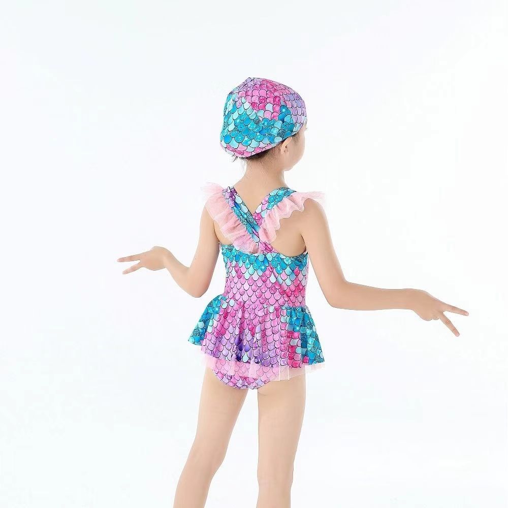 Mermaid swimsuit  Girls' one piece fish scale swimsuit Girls' skirt style hot spring children's swimsuit（Girls' swimsuit+hat）