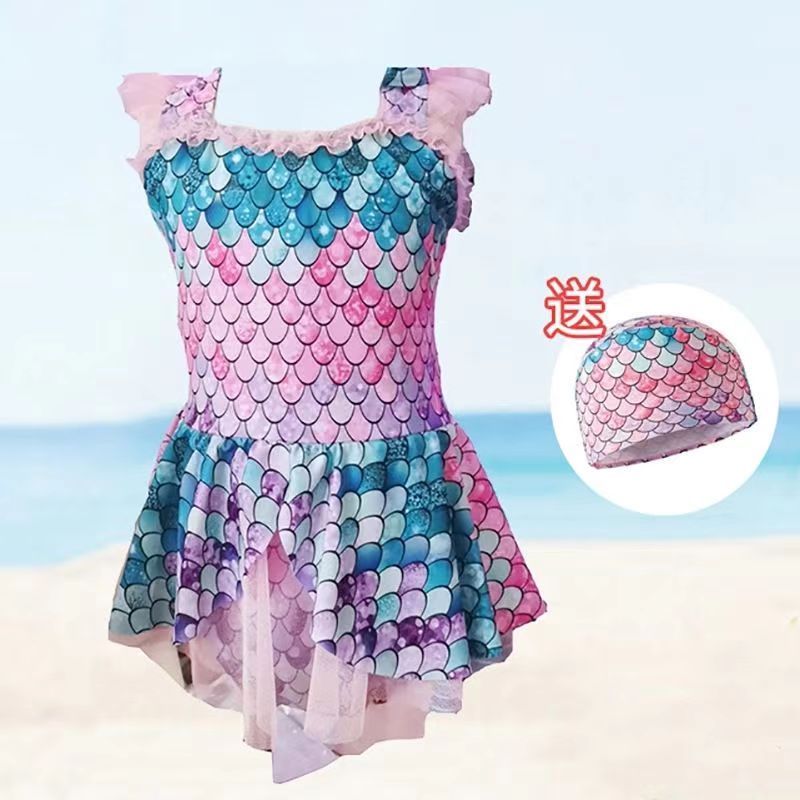 Mermaid swimsuit  Girls' one piece fish scale swimsuit Girls' skirt style hot spring children's swimsuit（Girls' swimsuit+hat）