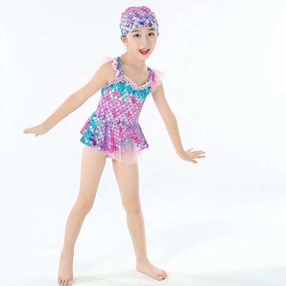 Mermaid swimsuit  Girls' one piece fish scale swimsuit Girls' skirt style hot spring children's swimsuit（Girls' swimsuit+hat）