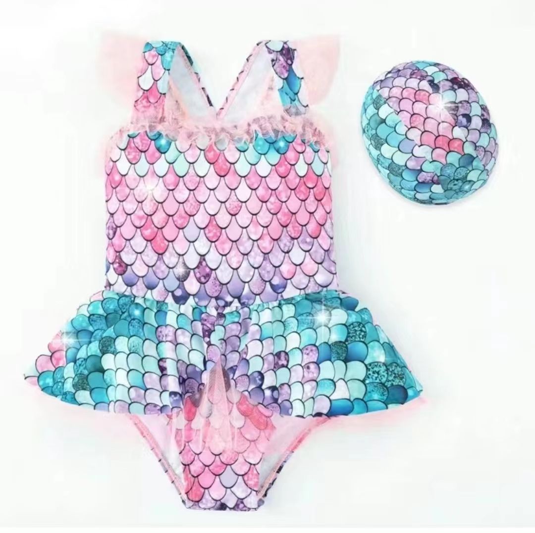 Mermaid swimsuit  Girls' one piece fish scale swimsuit Girls' skirt style hot spring children's swimsuit（Girls' swimsuit+hat）