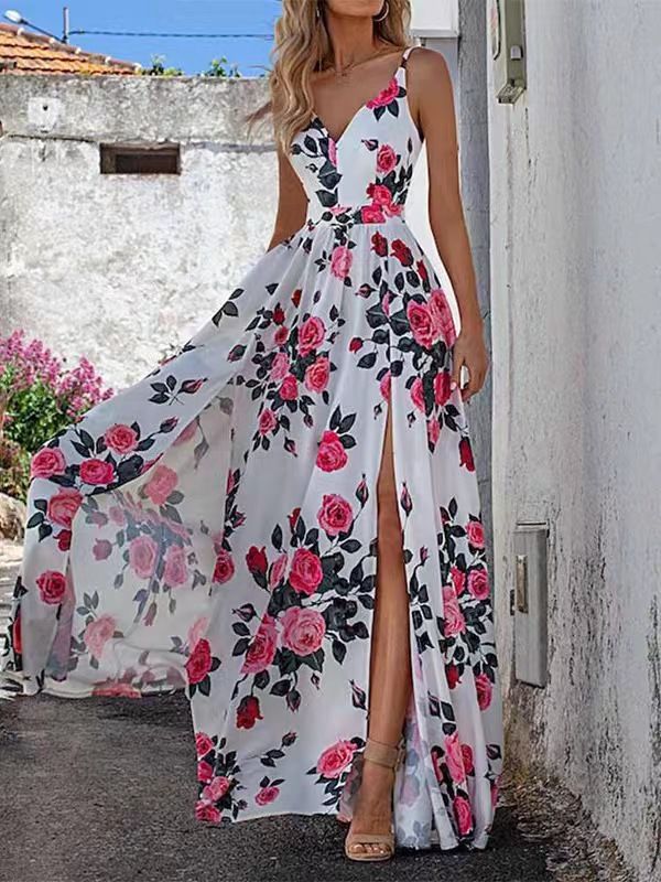 Sleeveless Satin Slip Floral Ruched Bandage Cut Out Maxi Dress Summer Women Fashion Sexy Party