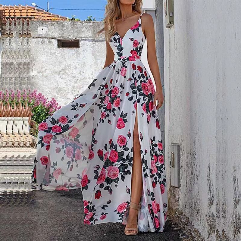 Sleeveless Satin Slip Floral Ruched Bandage Cut Out Maxi Dress Summer Women Fashion Sexy Party