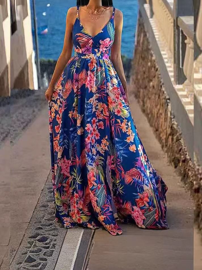 Sleeveless Satin Slip Floral Ruched Bandage Cut Out Maxi Dress Summer Women Fashion Sexy Party