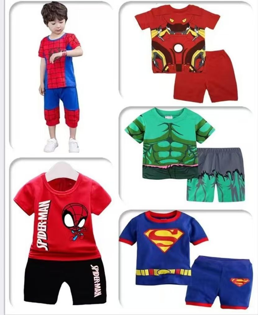 Summer Marvel Cartoon Iron Batman Captain America Short Underwear Spider Man Children's Short Sleeve+Pants Set