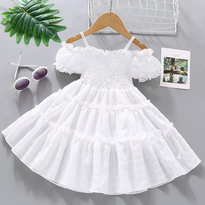 Summer Girls Dress New Style Bud Sleeve Splicing Cake Skirt For Kid 1 to 8 Years Old Fashionable Fashionable Princess Skirt