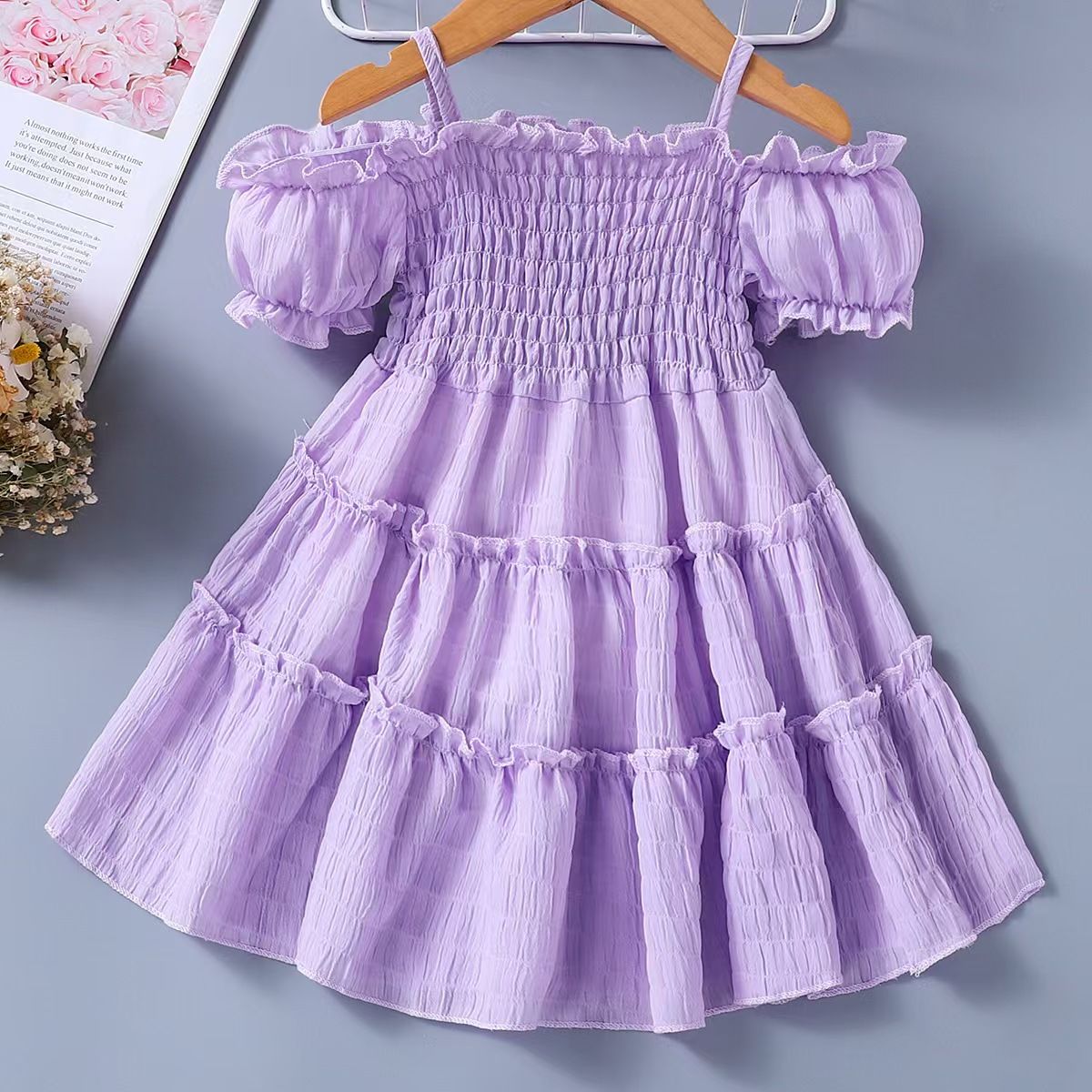 Summer Girls Dress New Style Bud Sleeve Splicing Cake Skirt For Kid 1 to 8 Years Old Fashionable Fashionable Princess Skirt