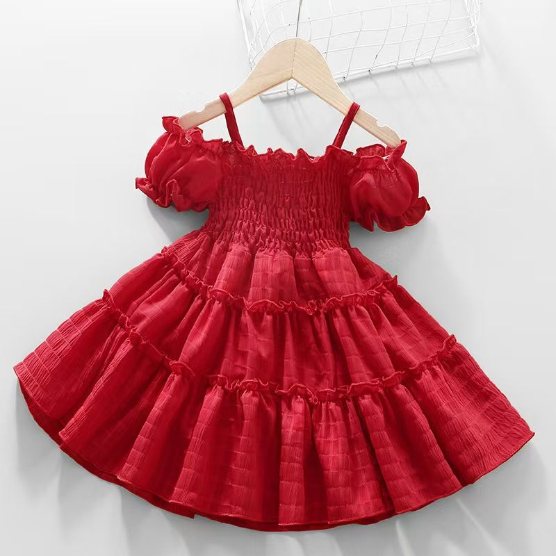 Summer Girls Dress New Style Bud Sleeve Splicing Cake Skirt For Kid 1 to 8 Years Old Fashionable Fashionable Princess Skirt
