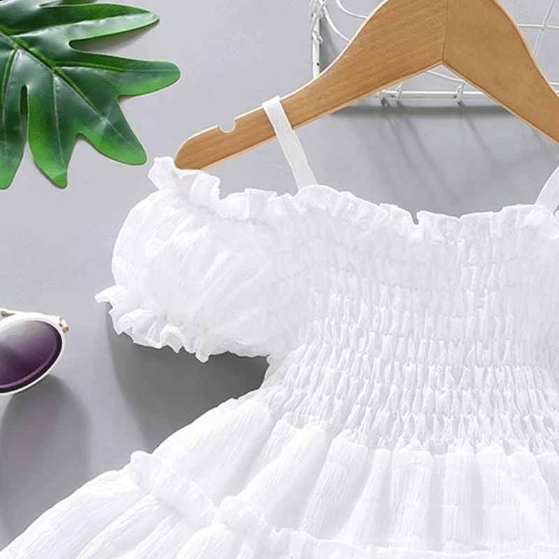 Summer Girls Dress New Style Bud Sleeve Splicing Cake Skirt For Kid 1 to 8 Years Old Fashionable Fashionable Princess Skirt