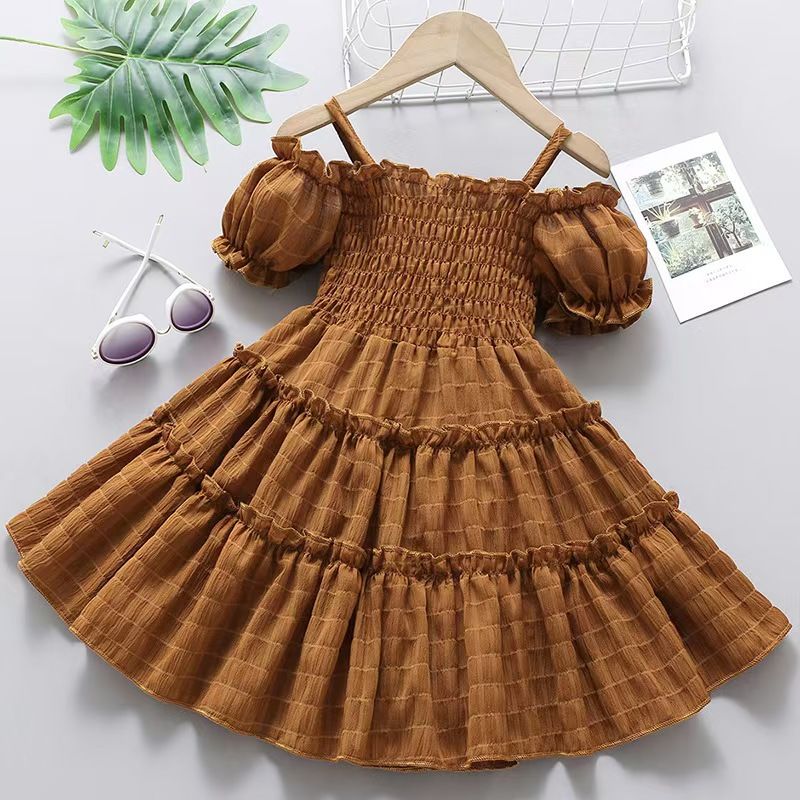 Summer Girls Dress New Style Bud Sleeve Splicing Cake Skirt For Kid 1 to 8 Years Old Fashionable Fashionable Princess Skirt