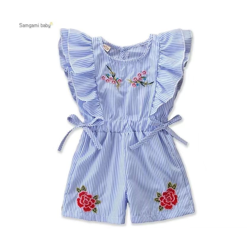 Fashion Cute Toddler Kids Baby Girl Flower Striped Ruffle Romper Embroidery Flower Summer Blue Lace-up Jumpsuit Clothes