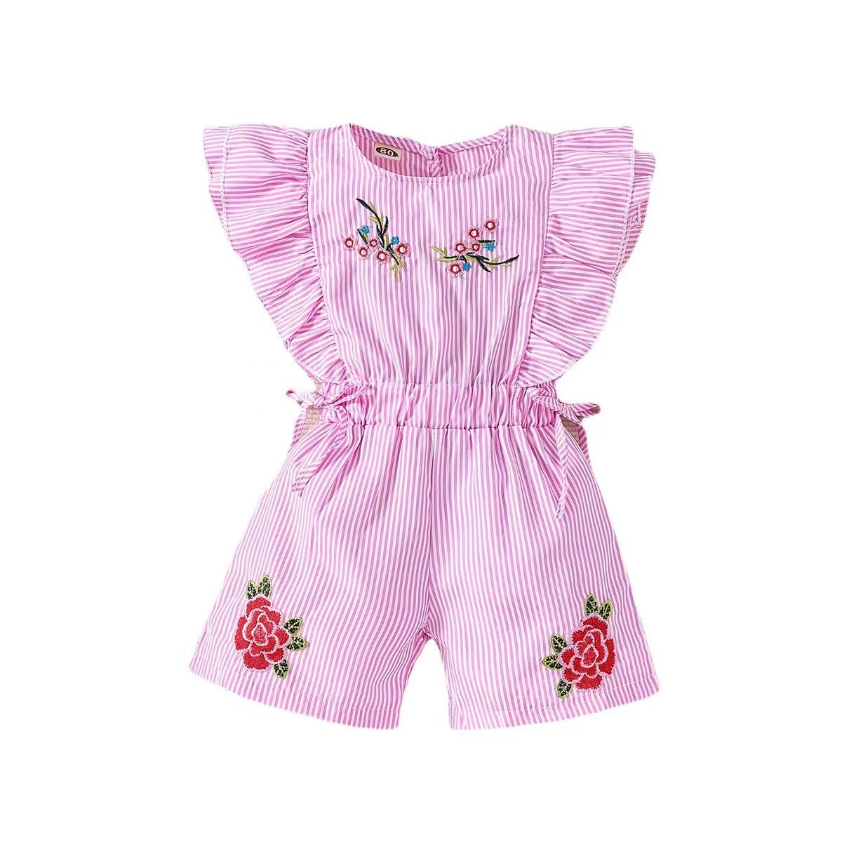 Fashion Cute Toddler Kids Baby Girl Flower Striped Ruffle Romper Embroidery Flower Summer Blue Lace-up Jumpsuit Clothes