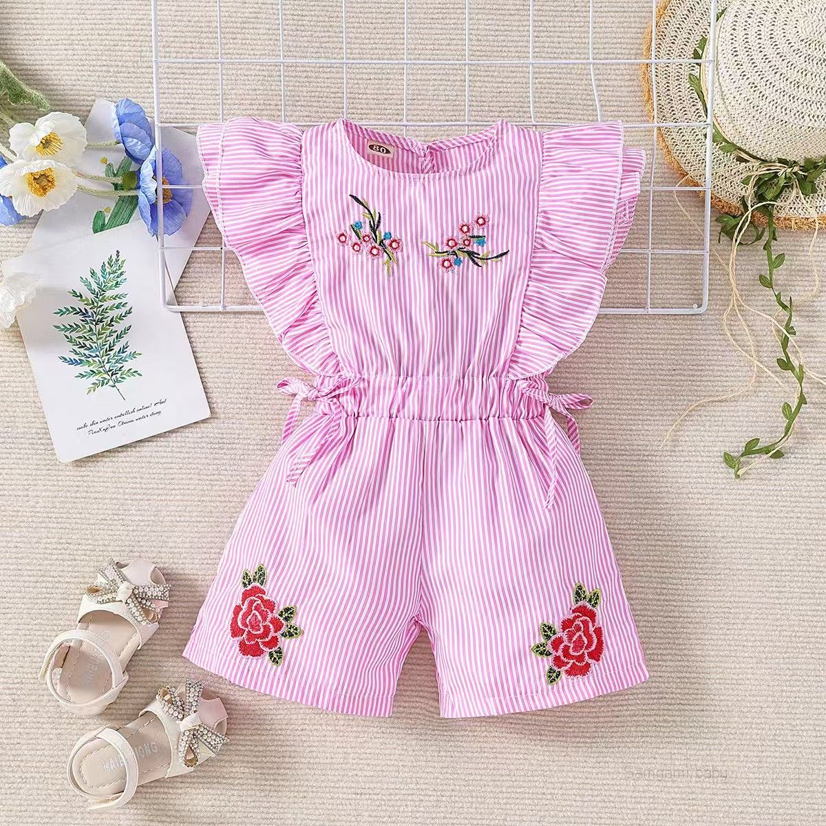Fashion Cute Toddler Kids Baby Girl Flower Striped Ruffle Romper Embroidery Flower Summer Blue Lace-up Jumpsuit Clothes
