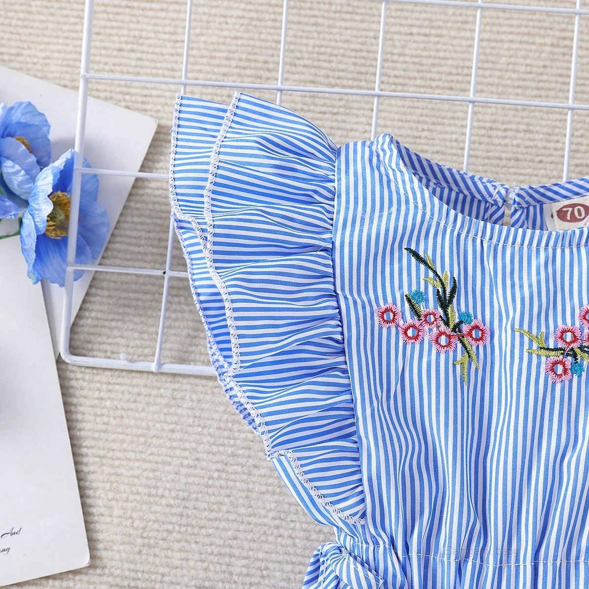 Fashion Cute Toddler Kids Baby Girl Flower Striped Ruffle Romper Embroidery Flower Summer Blue Lace-up Jumpsuit Clothes
