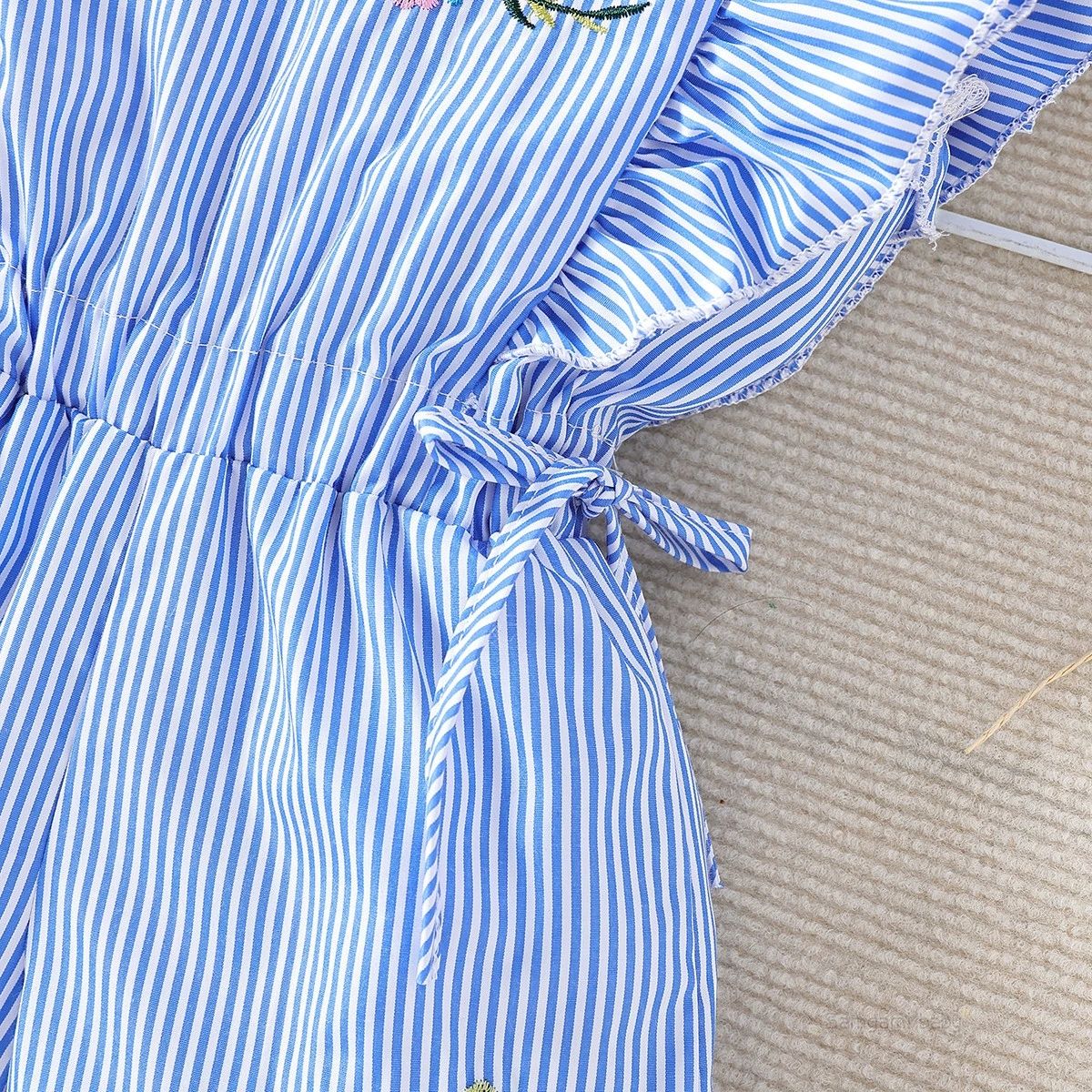 Fashion Cute Toddler Kids Baby Girl Flower Striped Ruffle Romper Embroidery Flower Summer Blue Lace-up Jumpsuit Clothes