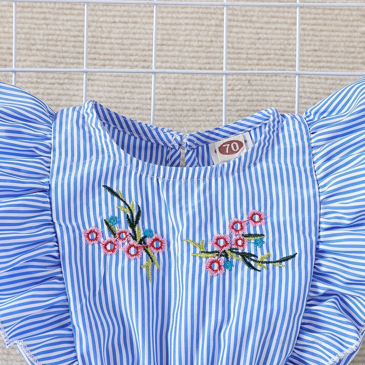 Fashion Cute Toddler Kids Baby Girl Flower Striped Ruffle Romper Embroidery Flower Summer Blue Lace-up Jumpsuit Clothes