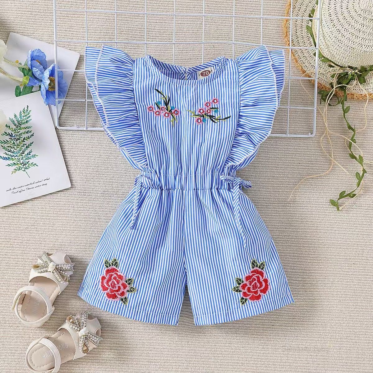 Fashion Cute Toddler Kids Baby Girl Flower Striped Ruffle Romper Embroidery Flower Summer Blue Lace-up Jumpsuit Clothes