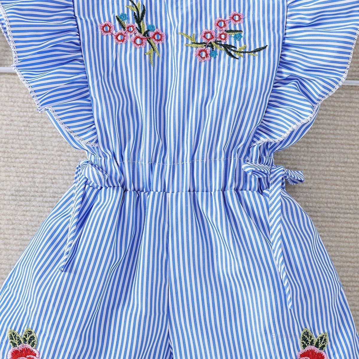 Fashion Cute Toddler Kids Baby Girl Flower Striped Ruffle Romper Embroidery Flower Summer Blue Lace-up Jumpsuit Clothes