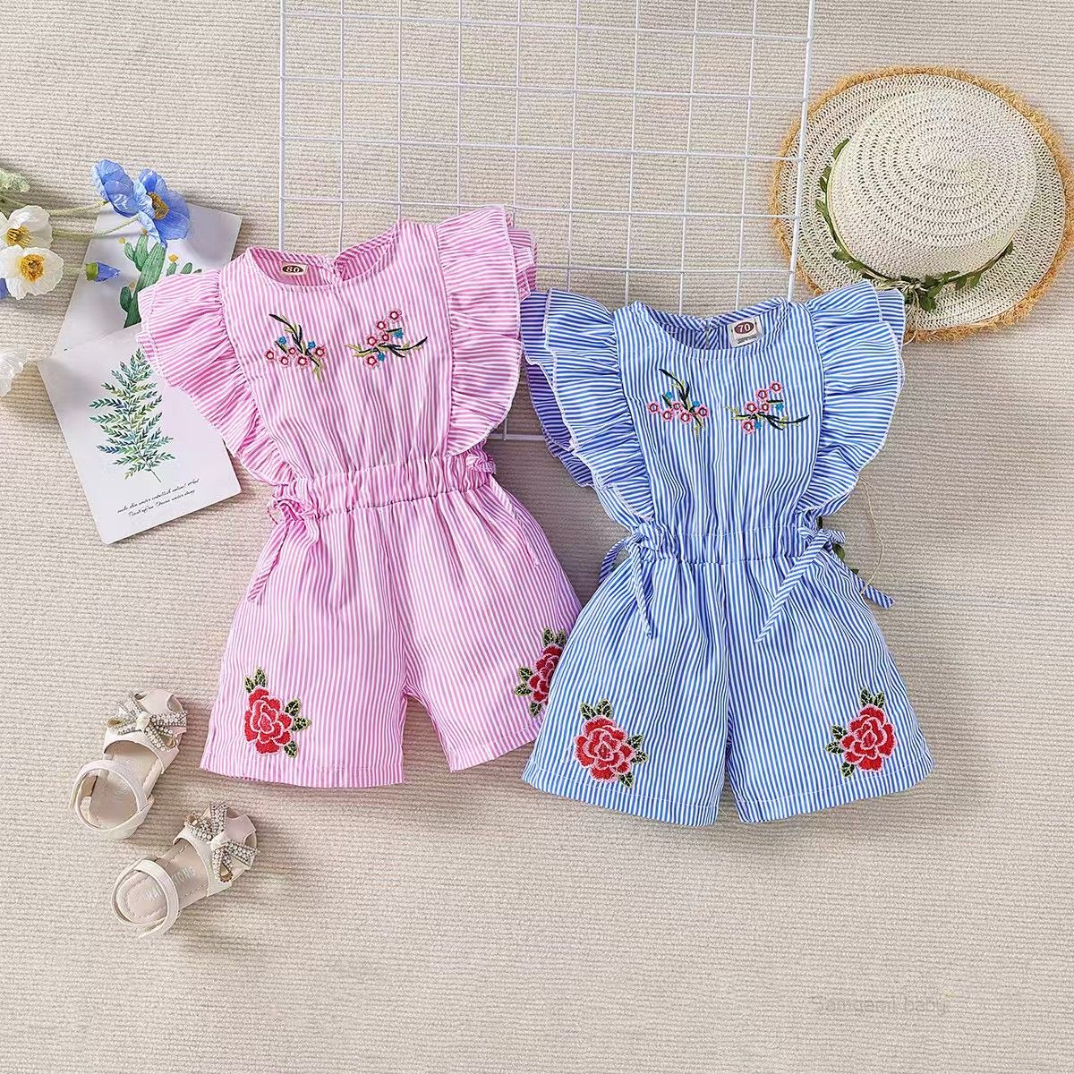 Fashion Cute Toddler Kids Baby Girl Flower Striped Ruffle Romper Embroidery Flower Summer Blue Lace-up Jumpsuit Clothes