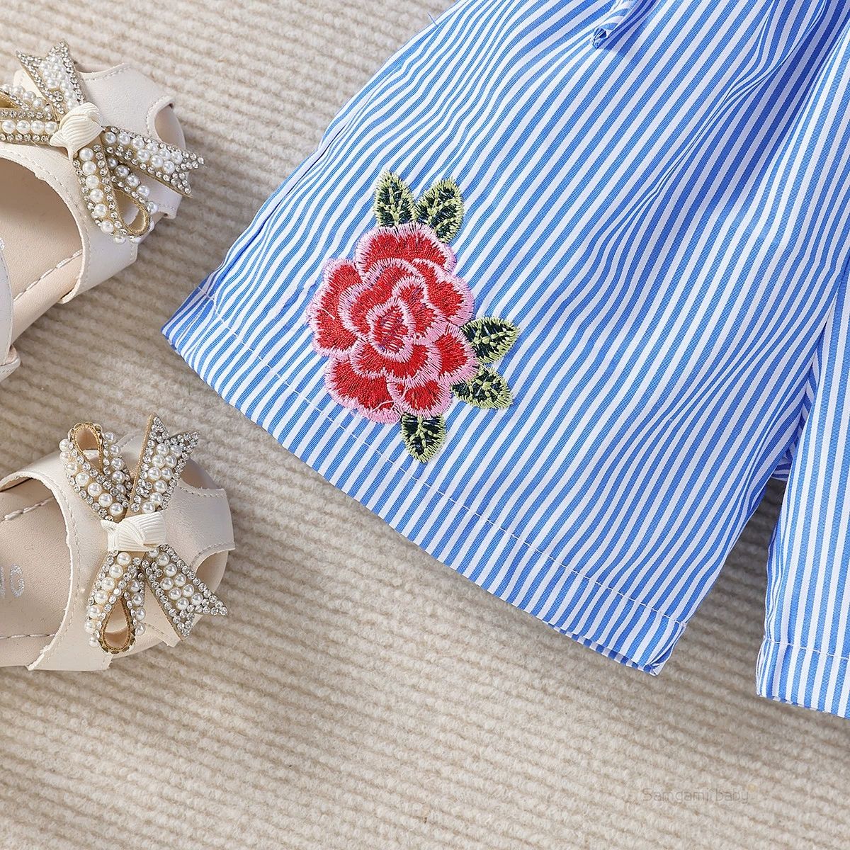 Fashion Cute Toddler Kids Baby Girl Flower Striped Ruffle Romper Embroidery Flower Summer Blue Lace-up Jumpsuit Clothes